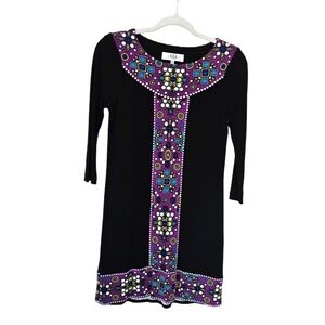 Tibi black boat neck purple geometric jewel print shift dress size XS
